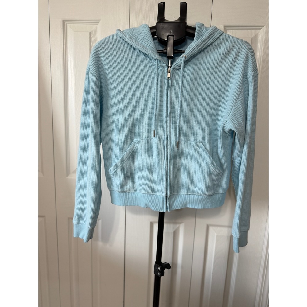 Auden Womens Light Blue Waffle Knit Full Zip Cropped Hoodie Sweatshirt Small